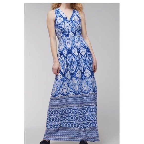 Soma Weekend Maxi Dress L Crossback Blue White Ikat Print Jersey Knit Stretch - Picture 1 of 10